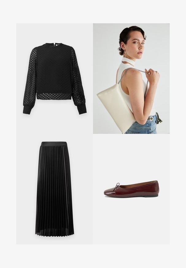 Cămașă lungă cu mâneci negre, cu un model texturat în zigzag, guler înalt și mâneci transparente. Prezintă o deschidere în formă de cheie la spate și manșete ajustate.; Fustă plisată neagră cu un tiv neted, realizată dintr-un material ușor. Prezintă pliseuri verticale clare și un design de lungime medie, până la glezne.; Balerini din piele patent burgund cu vârful rotund, accent de fundiță mică în față și talpă joasă din cauciuc negru. Textură netedă.; Geantă de clutch rectangulară albă, realizată dintr-un material lucios, având o curea de lanț argintie. Modelul pozează, evidențiind geanta pe un fundal simplu.