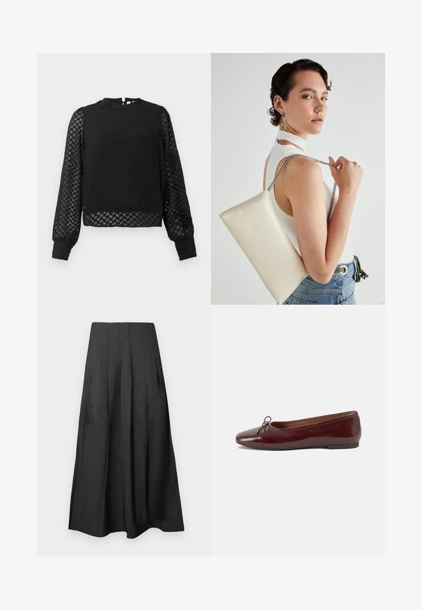 Musta pitkähihaisen paita, jossa on teksturoitu sahalaita kuvio, korkea kaula-aukko ja läpinäkyvät hihat. Mukana takana oleva avaus avaimenreikä ja istuvat hihansuut.; Mustat, poimutetut midi-hameet, jotka on valmistettu kevyestä kankaasta, jossa on sileä rakenne; sisältää sivutaskut ja virtaavan siluetin.; Burgundin värinen lakattu nahkainen ballerinatossu pyöreällä varvaskärjellä, pienen nauhan yksityiskohdalla edessä ja matalalla mustalla kumipohjalla. Sujuva pinta.; Valkoinen suorakulmainen clutch-laukku, joka on valmistettu kiiltävästä materiaalista ja jossa on hopeinen ketjuolkahihna. Malli poseeraa laukku käsivarsillaan yksinkertaista taustaa vasten.