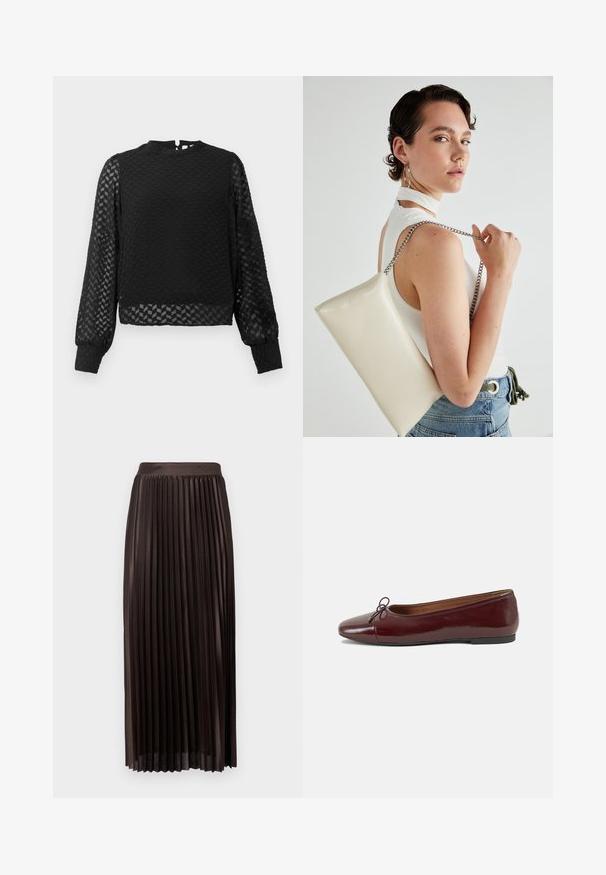 Crni dugi rukav top s teksturiranim cik-cak uzorkom, visokim izrezom i prozirnim rukavima. Ima otvor na leđima u obliku ključa i prilagođene manžete.; Plisirana midi suknja od tamnosmeđeg materijala, s glatkim pojasom, dugom do tla i vertikalnim plisirima za dodatnu teksturu.; Burgundska lakirana balerinka s zaobljenim vrhom, malim mašnom sprijeda i niskom, crnom gumenom potplatu. Glatka tekstura.; Bijela pravokutna torbica s kopčanjem, izrađena od sjajnog materijala, s srebrnim lančićem. Model pozira, prikazujući torbicu na jednostavnoj pozadini.