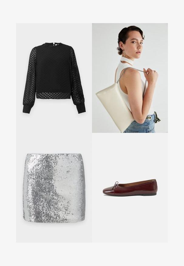 Maglia nera a maniche lunghe con un motivo a zigzag texturizzato, collo alto e maniche trasparenti. Presenta un'apertura a forma di chiave sul retro e polsini aderenti.; Mini gonna argentata con paillettes, caratterizzata da un design aderente e una texture liscia, che riflette la luce sulla sua superficie per un aspetto brillante.; Ballerine in pelle verniciata bordeaux con punta arrotondata, piccolo fiocco decorativo sulla parte anteriore e suola bassa in gomma nera. Texture liscia.; Borsa a pochette rettangolare bianca realizzata in materiale lucido, con una tracolla in catena argentata. Il modello posa, mostrando la borsa su uno sfondo semplice.
