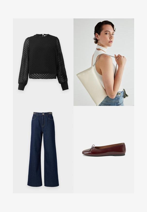 Must have mustar varrukatega särk, millel on tekstureeritud rästiku muster, kõrge kaelus ja läbipaistvad varrukad. Omab seljal võtmeaugu avamist ja sobivaid mansette.; Laiad tumesinised teksad on kõrge vöökohaga, kuldsed keti aksessuaarid vöökohal ja kontrastsed õmblusdetailid kogu ulatuses.; Burgundi patendnahk kingad balletitüüpi, ümmarguse ninaosa, ees väike paelaaktsent ja madal must kummist tald. Sile tekstuur.; Valge ristkülikuline kotti, mis on valmistatud läikivast materjalist, hõbedase ahelsangaga. Mudel poseerib, tutvustades kotti ühtlase taustaga.