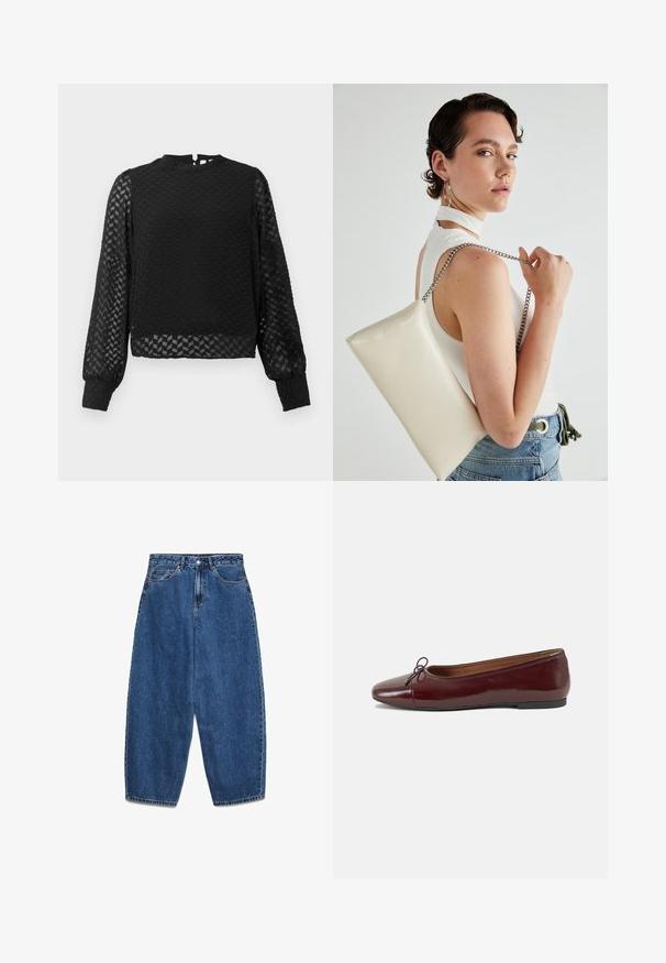 Crni dugi rukav top s teksturiranim cik-cak uzorkom, visokim izrezom i prozirnim rukavima. Ima otvor na leđima u obliku ključa i prilagođene manžete.; Plave traperice od trapera s visokim strukom, opuštenim krojem i ravnim nogavicama. Klasični dizajn s pet džepova i zatvaranjem na patentni zatvarač i gumb.; Burgundska lakirana balerinka s zaobljenim vrhom, malim mašnom sprijeda i niskom, crnom gumenom potplatu. Glatka tekstura.; Bijela pravokutna torbica s kopčanjem, izrađena od sjajnog materijala, s srebrnim lančićem. Model pozira, prikazujući torbicu na jednostavnoj pozadini.