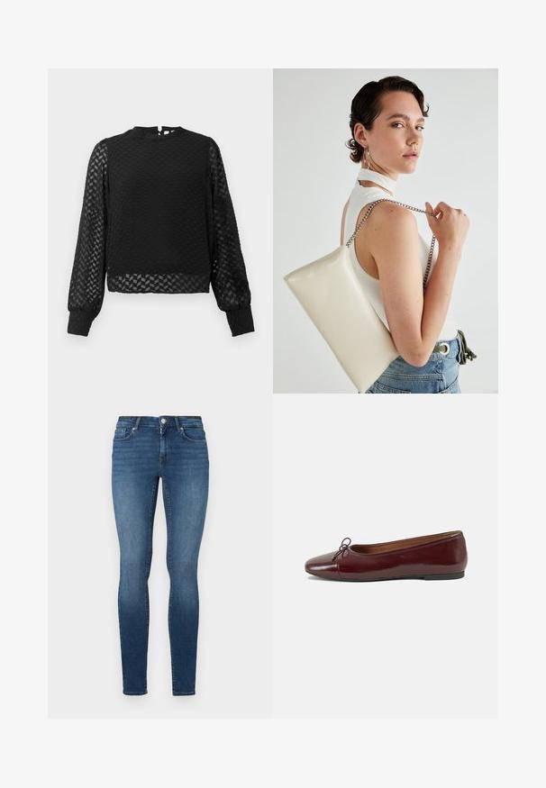 Črn dolg rokav majica z teksturirano zigzag vzorcem, visokim ovratnikom in prozornimi rokavi. Ima odprtino na hrbtni strani v obliki ključavnice ter oprijete manšete.; Tanke kavbojke v temno modrem džinsu, z petimi žepi, sprednjim gumbom in zadrgo. Tkanina ima gladko teksturo z rahlim zbledelostjo.; Burgundska patenti usnjeni baletni čevlji z zaobljenim prstom, majhnim lokom na sprednji strani in nizkim črnim gumijastim podplatom. Gladka tekstura.; Bela pravokotna torbica za ključe iz sijajnega materiala, opremljena s srebrno verižico. Model pozira in prikazuje torbico na enobarvni podlagi.