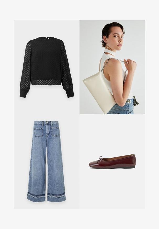 Černý dlouhý rukáv top s texturovaným cikcak vzorem, vysokým výstřihem a průhlednými rukávy. Obsahuje otvor na zádech ve tvaru klíče a přiléhavé manžety.; Světle modré denimové široké kalhoty s vysokým pasem, dvěma zadními kapsami a kontrastním stehem podél lemu.; Burgundské lakové baleríny s kulatou špičkou, malou mašlí vpředu a nízkou černou gumovou podrážkou. Hladký povrch.; Bílá obdélníková psaníčko vyrobené z lesklého materiálu, se stříbrným řetízkovým popruhem. Modelka pózuje a předvádí tašku na jednobarevném pozadí.