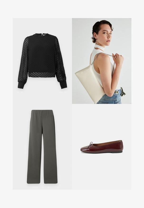 Sort langærmet top med et tekstureret zigzag-mønster, høj halsudskæring og gennemsigtige ærmer. Har en åbning med nøglehul i ryggen og tætsiddende manchetter.; Mørkegrå højtaljede brede bukser med elastisk talje, lagt fladt på en hvid baggrund.; Bordeaux patentlæder balletflad med rund tå, lille sløjfeaccent foran og en lav, sort gummisål. Glat tekstur.; Hvid rektangulær clutch-taske lavet af skinnende materiale, med en sølv kædetransport. Modellen poser, mens hun fremviser tasken mod en ensfarvet baggrund.