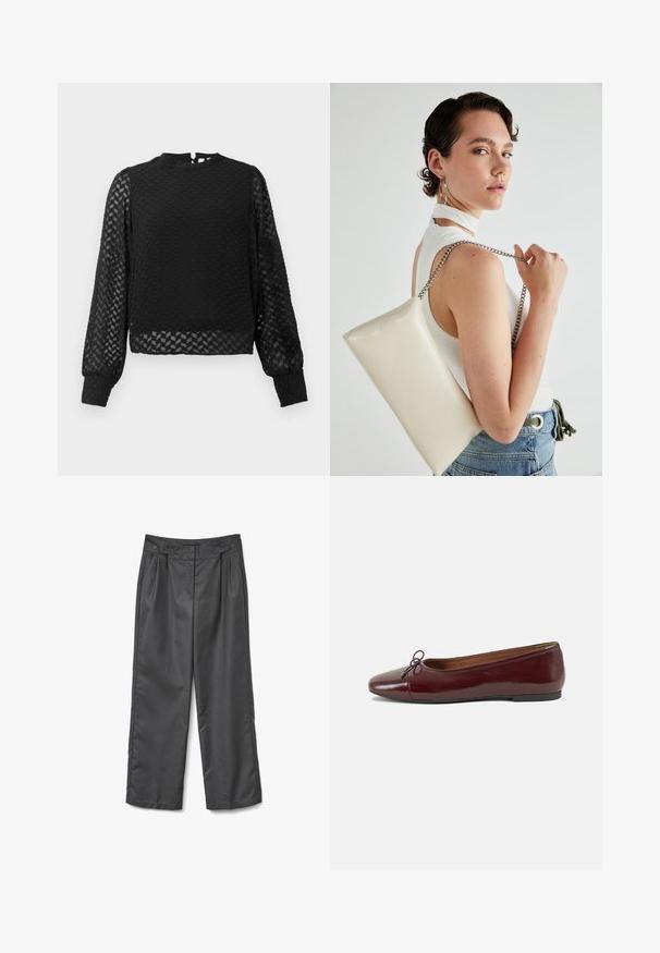 Juodas ilgomis rankovėmis viršus su tekstūruotu zigzaginiu raštu, aukštu kaklu ir permatomomis rankovėmis. Savybės: nugaros rakto skylutė ir prigludę rankogaliai.; Pilkos plačių kojų kelnės, pagamintos iš lygios medžiagos, su dviem priekinėmis raukšlėmis, dviem mygtukais ant juosmens ir tiesia apačia.; Bordo lakiotos odos baleto bateliai su apvalia nosimi, maža kaspinėlio akcentu priekyje ir žema juoda guma padanga. Lygi tekstūra.; Balta, stačiakampio formos rankinė pagaminta iš blizgaus medžiagos, su sidabriniu virvute. Modelis pozavo, demonstruodamas rankinę prieš paprastą foną.