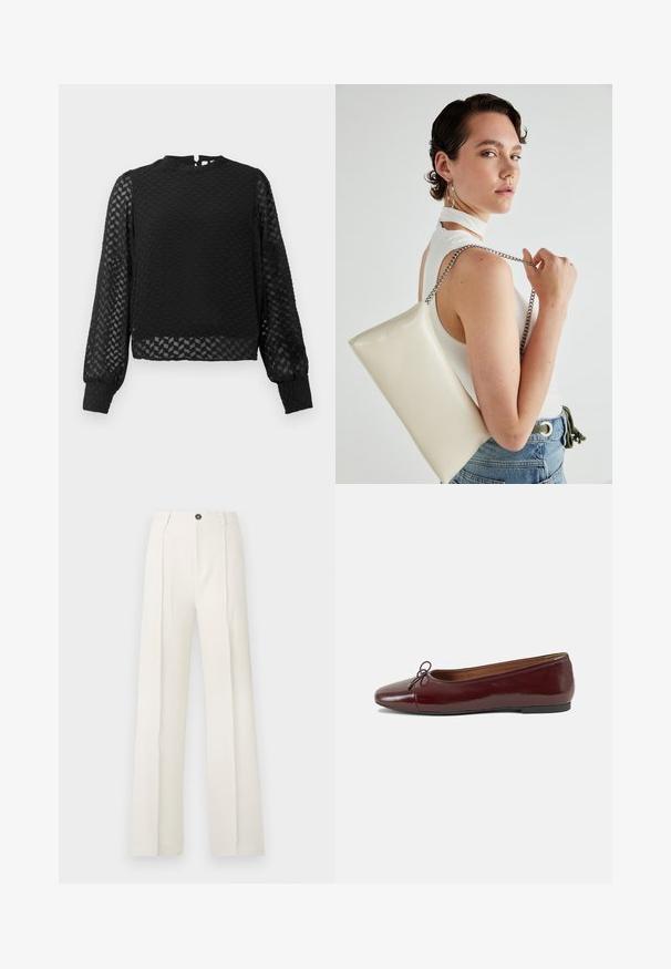 Sort langærmet top med et tekstureret zigzag-mønster, høj halsudskæring og gennemsigtige ærmer. Har en åbning med nøglehul i ryggen og tætsiddende manchetter.; Hvide, brede bukser med høj talje, der har to frontfolder, en enkelt knaplukning og lommer. Glat stoftekstur.; Bordeaux patentlæder balletflad med rund tå, lille sløjfeaccent foran og en lav, sort gummisål. Glat tekstur.; Hvid rektangulær clutch-taske lavet af skinnende materiale, med en sølv kædetransport. Modellen poser, mens hun fremviser tasken mod en ensfarvet baggrund.