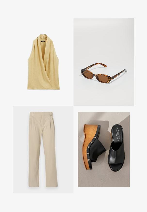 Top senza maniche a stile avvolgente in lino beige chiaro, con scollatura a V profonda e morbide pieghe, con cuciture minime e senza hardware visibile.; Pantaloni beige a gamba larga in misto cotone; presentano pieghe sul davanti, taglio dritto e passanti per cintura. Texture liscia, senza motivi.; Sandali a zeppa in pelle nera con una piattaforma simile al legno, borchie argentate lungo il bordo e design con punta aperta. Suola texture per una buona aderenza.; Occhiali da sole tartaruga con montatura ovale, lenti marroni e astine nere sottili con accenti di pattern discreti.; Bracciale in tonalità oro con un esterno liscio e un interno texturizzato. Presenta un design ampio e arrotondato con un'apertura su un lato.