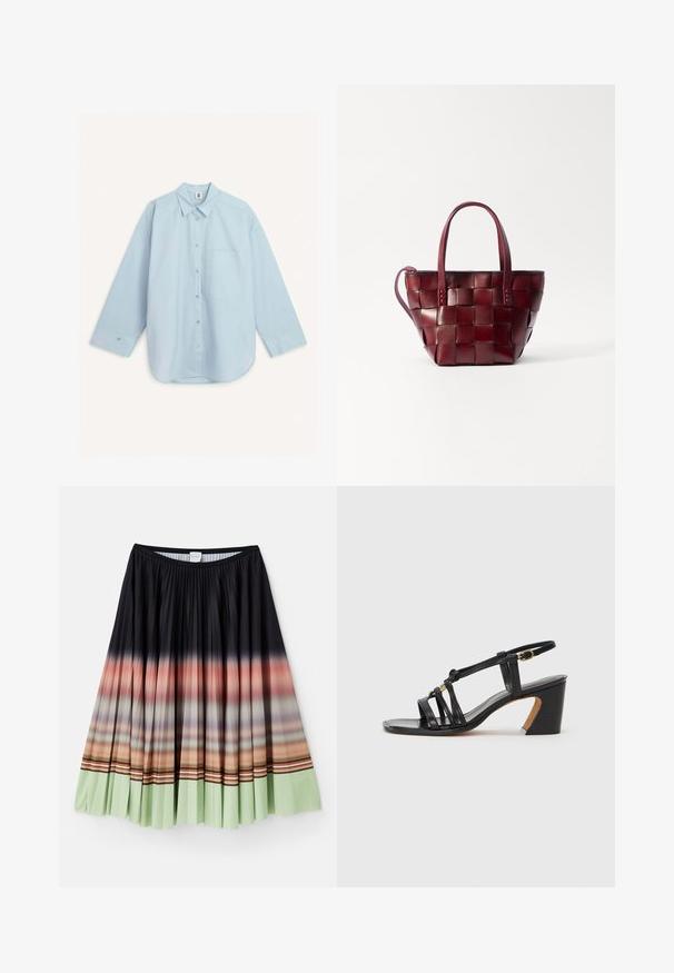 By Malene Birger DERRIS - Blúzka so zapínaním na gombíky - light blue; Zúžená sukňa čiernej farby s ombré prechodom z oranžovej do mentolovej zelenej na leme, so žiarivými pruhovanými akcentmi.; Paul Smith AMIRA - Klasické lodičky na opätku - black; Tkaná bordová kožená športová taška s dvoma krátkymi rúčkami a odnímateľným ramenným popruhom. Má štruktúrovaný tvar a hladkú textúru.