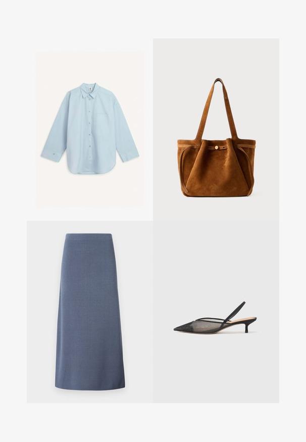 By Malene Birger DERRIS - Button-down blouse - light blue; Blue A-line skirt made of textured fabric, knee-length, with a smooth waistband and no visible fastenings or embellishments.; NEOUS IRENA - Classic heels - black; Brown suede tote bag with dual handles, a button closure strap, and a relaxed, slightly slouchy shape.