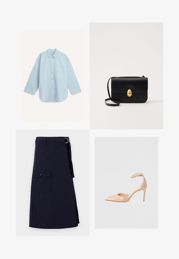By Malene Birger DERRIS - Chemisier - light blue; Jupe bleu marine au design structuré, dotée d'une poche cargo sur le côté et d'un accent de ceinture en métal en forme de D. Fabriquée en tissu durable.; Chaussure à talon aiguille en cuir verni nude, avec une sangle de cheville et un bout pointu, présentant une texture lisse et un design minimaliste.; Sac à main en cuir noir avec une forme rectangulaire structurée. Équipé d'un fermoir ovale doré et d'une fine bandoulière. Texture lisse.