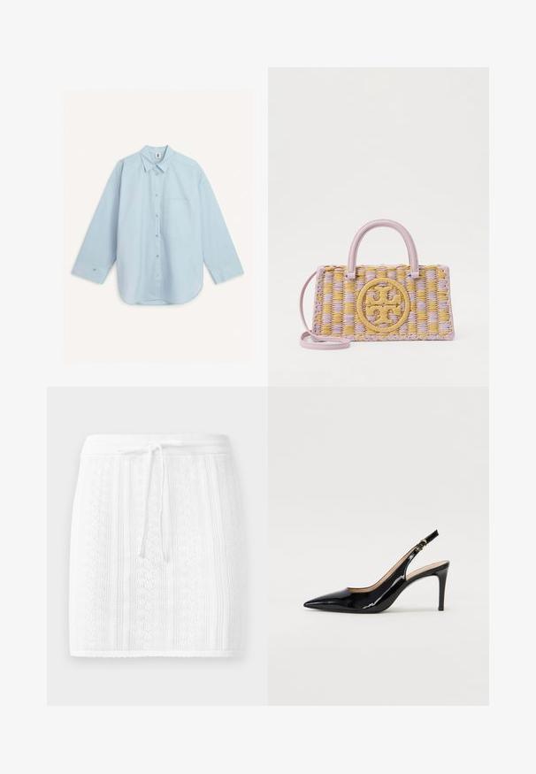 By Malene Birger DERRIS  - Overhemdblouse - light blue; Witte gebreide rok met een textuurpatroon en verticale strepen; heeft een koord taille en een gegolfde zoom.; Zwarte gepatineerde leren slingback pump met een puntige neus, slanke hak en een subtiel uitgesneden ontwerp. Bevat een gouden gesp op de band.; Tory Burch ELLA CHECKERED - Handtas - pale purple