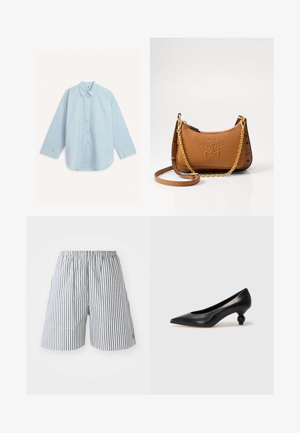 By Malene Birger DERRIS - Skjortebluser - light blue; Stribede shorts i navy og hvid bomuld, med elastisk talje og afslappet pasform. Midt lår længde med diskrete stingdetaljer.; Sort læder høje hæle med spids tå og rund, kugleformet hæl. Glat tekstur med et stilrent, minimalistisk design.; Brun læder skuldertaske med præget logo, guldkæde og læderstropper, buet form og dekorative detaljer på siderne.