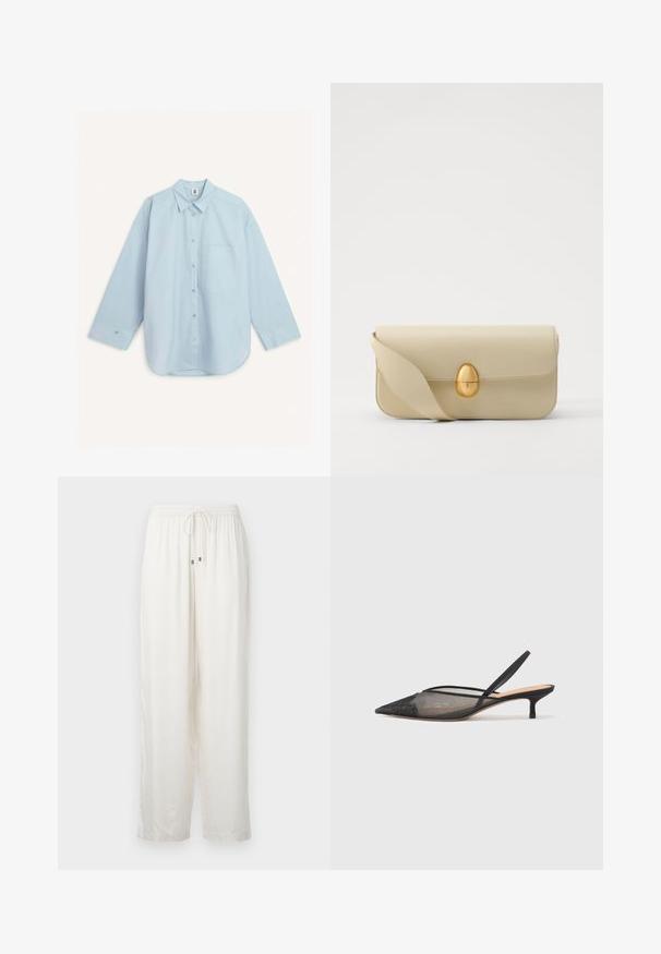 By Malene Birger DERRIS - Button-down blouse - light blue; White, lightweight, loose-fitting pants with an elastic waist and drawstring. Features subtle sheen and straight leg design.; NEOUS IRENA - Classic heels - black; Beige leather handbag with a smooth texture, rectangular shape, and a golden oval clasp. Features a long, adjustable strap.