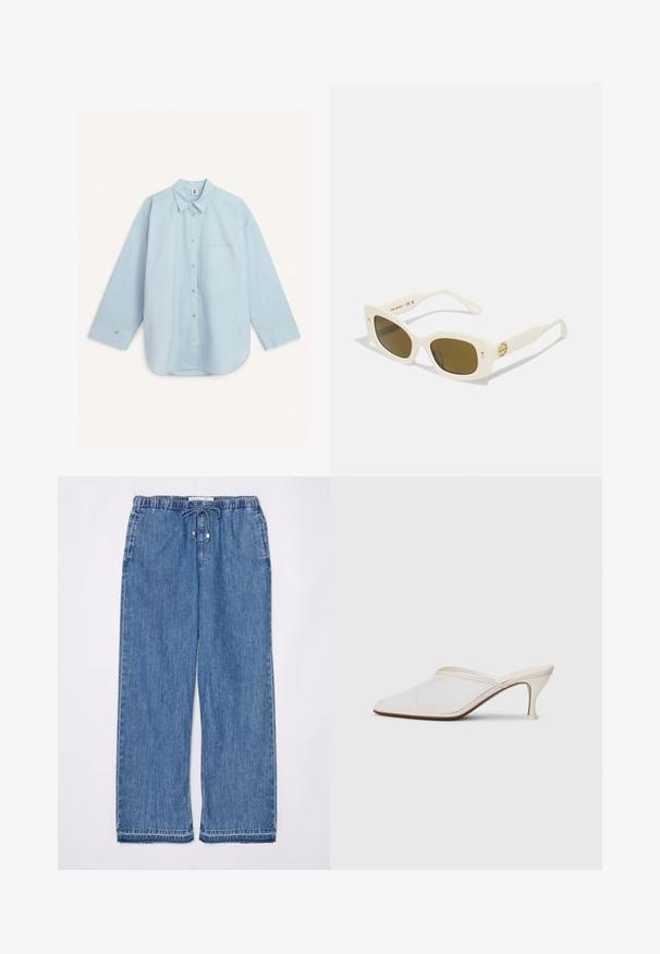 By Malene Birger DERRIS - Hemdbluse - light blue; rag & bone ULTRA FEATHERWEIGHT LOGAN BEACH PANT - Jeans Relaxed Fit - delmar; Weiße Mesh-Pantoletten mit spitzer Zehenform, schlankem Mittelabsatz und Slip-On-Design vor einem schlichten Hintergrund.; Weiße Kunststoffsonnenbrille mit rechteckigem Rahmen, braunen Gläsern und einem goldenen Akzent an den Bügeln. Glatte Textur und modernes Design.