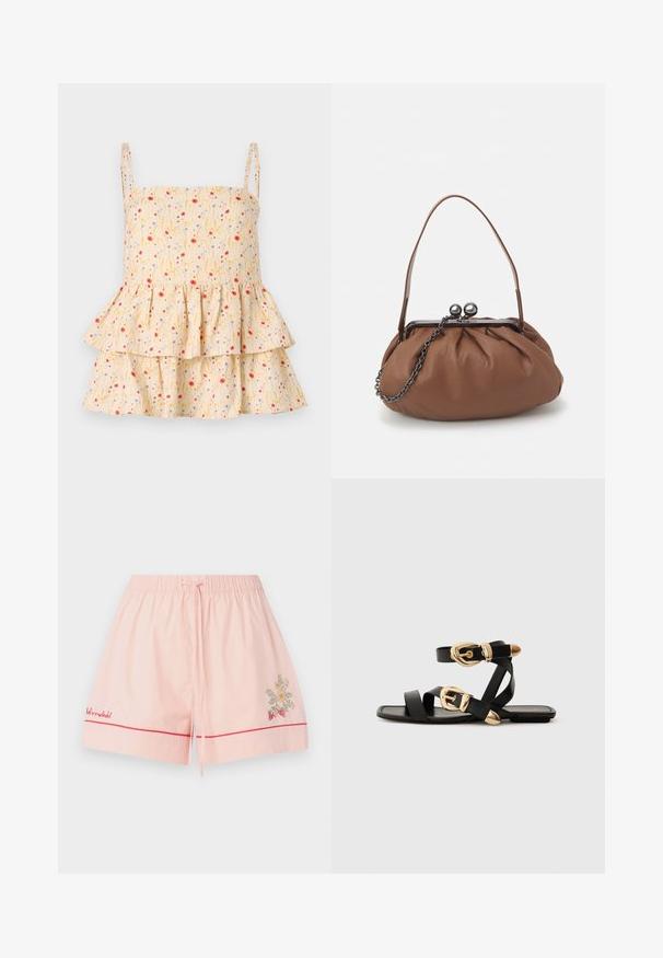 Helmstedt ELLIE - Blouse - cornflower; Pink cotton shorts with an elastic waistband, red piping, and floral embroidery featuring strawberries. Includes a drawstring for adjustment.; Black leather sandals with gold buckle accents, featuring multiple straps and a flat sole design for open-toe wear.; Brown leather handbag with a gathered design, a short leather handle, and a chain strap. Features a silver metal clasp with two round accents.