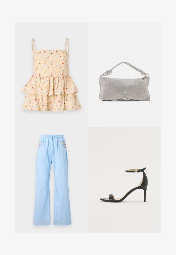 Helmstedt ELLIE - Blouse - cornflower; Light blue cotton pants with an elastic waistband, featuring floral embroidery on the front and contrasting trim at the hems.; Black leather high-heeled sandal with an ankle strap. Features a smooth texture, open toe, and a thin heel. Gold-toned buckle detail.; Metal mesh shoulder bag in silver, featuring a knotted handle, zip closure, and geometric body shape with a smooth texture.