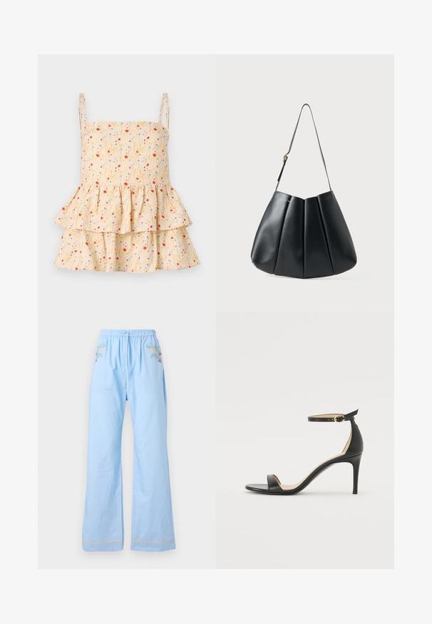 Helmstedt ELLIE - Bluza - cornflower; Svijetloplave pamučne hlače s elastičnom strukom, s cvjetnim vezom sprijeda i kontrastnim rubovima na donjem dijelu.; Crne kožne sandale na visokom potpeticu s remenom oko gležnja. Imaju glatku teksturu, otvoreni prst i tanku potpeticu. Detalj s kopčom u zlatnoj boji.; Crna kožna torba preko ramena s nabranim dizajnom, glatkom teksturom, jednim remenom i suptilnim zlatnim detaljem.