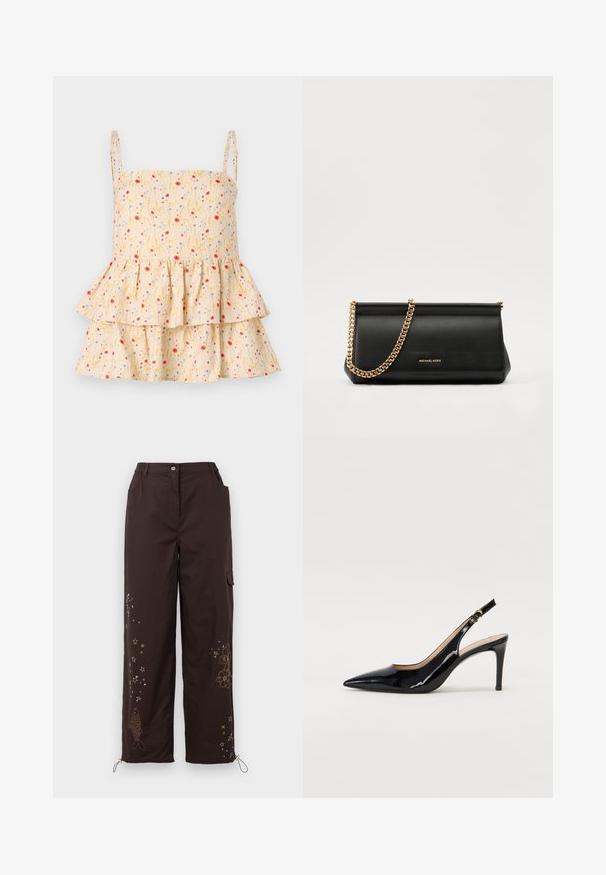 Helmstedt ELLIE - Blúz - cornflower; Barna, bő szárú nadrág, hímzett csillag- és halmintákkal. Jellemzői: elasztikus derékpánt, két oldalsó zseb és állítható bokakötők.; Fekete lakk bőr kötött magassarkú cipő, hegyes orral és karcsú sarokkal, finom kivágásos dizájnnal. Az övön arany csatt található.; Fekete bőr kisméretű táska arany lánccal, sima felülettel, téglalap alakú, és dombornyomott márkázással az elején.