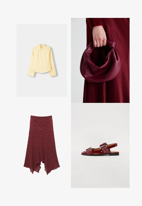 Keltainen raidallinen paita, jossa on pitkät hihat, terävä kaulus ja edessä nappikiinnitys. Sisältää pystysuoria sinisiä raitoja ja muotoiltua istuvuutta.; Burgundin pitsikirjalla varustettu hame, jossa on levenevä siluetti, tekstiilikuosi ja epäsymmetrinen helma, joka luo ilmavan ilmeen.; Burgundy patent leather slingback-kengät, joissa on terävä kärki, kaksi säädettävää soljella varustettua hihnaa ja hopeanvärisiä yksityiskohtia.; Burgundy-nahkakäsilaukku, jossa on pehmeä, ryppyinen muotoilu ja pyöreä muoto. Kahva on kiinnitetty tukevasti, ja siinä on sileä pinta.