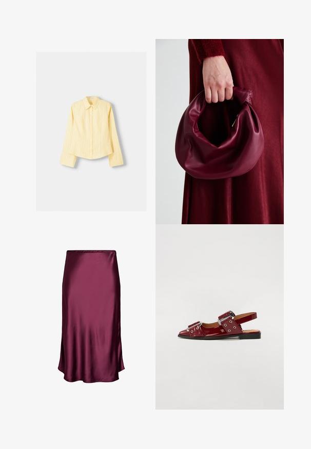 Žlutá pruhovaná košile s dlouhými rukávy, špičatým límečkem a předním zapínáním na knoflíky. Má vertikální modré pruhy a přizpůsobený střih.; Burgundská saténová sukně s hladkou texturou, délka po kolena, rozšířený střih a jemný lesk, s jednoduchým elastickým pasem.; Burgundské lakované kožené boty na podpatku se špičatou špičkou, s dvěma nastavitelnými popruhy se sponami a stříbrnými akcenty.; Burgundská kožená kabelka s měkkým, nabíraným designem a zaobleným tvarem. Ucho je zajištěné a vykazuje hladkou texturu.