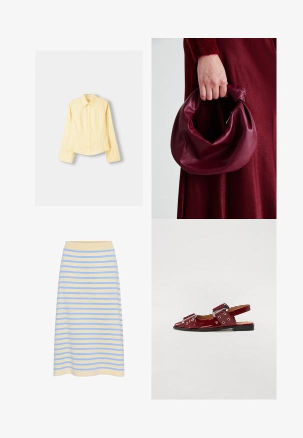 Keltainen raidallinen paita, jossa on pitkät hihat, terävä kaulus ja edessä nappikiinnitys. Sisältää pystysuoria sinisiä raitoja ja muotoiltua istuvuutta.; Raidallinen midi-hame pehmeää puuvillaa, jossa on vaaleankeltainen pohja ja siniset vaakaraitat. Varustettu ribbikuvioidulla joustovyöllä.; Burgundy patent leather slingback-kengät, joissa on terävä kärki, kaksi säädettävää soljella varustettua hihnaa ja hopeanvärisiä yksityiskohtia.; Burgundy-nahkakäsilaukku, jossa on pehmeä, ryppyinen muotoilu ja pyöreä muoto. Kahva on kiinnitetty tukevasti, ja siinä on sileä pinta.