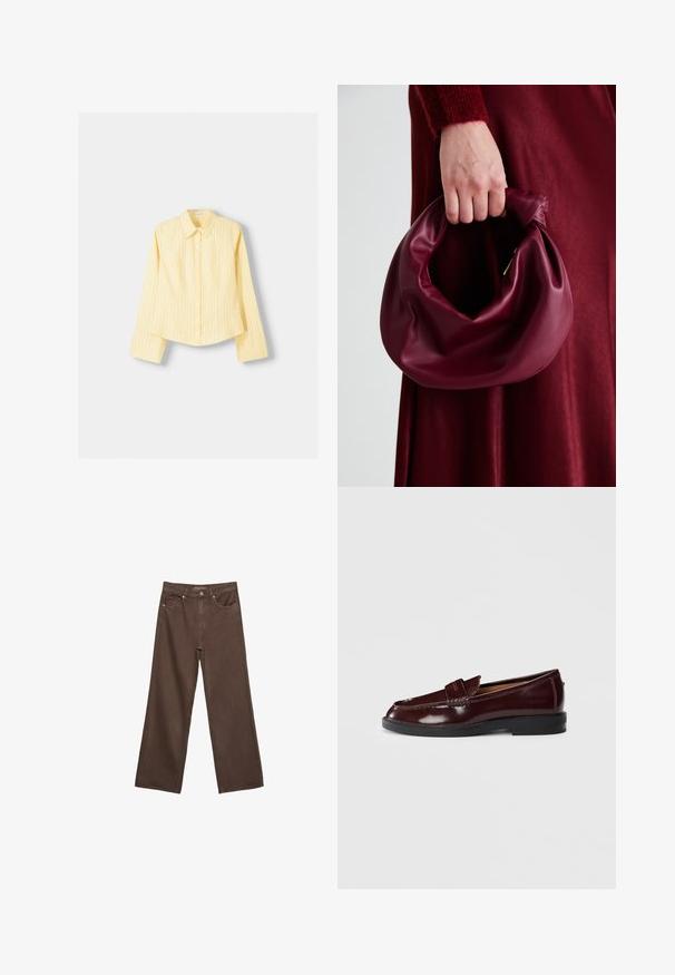 Rumena srajca z dolgimi rokavi, s koničastim ovratnikom in sprednjim gumbom za zapiranje. Ima vertikalne modre črte in prilega se.; Široke rjave kavbojke iz denima, ki imajo visok pas, sprednje žepe in klasično zapiranje na gumb. Gladka tekstura s subtilnim šivom.; Temno burgundske usnjene loafer čevlje s črnim podplatom, podrobnostmi s penny pasom in nizkim peto, prikazani s strani na belem ozadju.; Bordo usnjeni ročni torbici s mehak, nabrana zasnova in okrogla oblika. Ročaj je varen in prikazuje gladko teksturo.