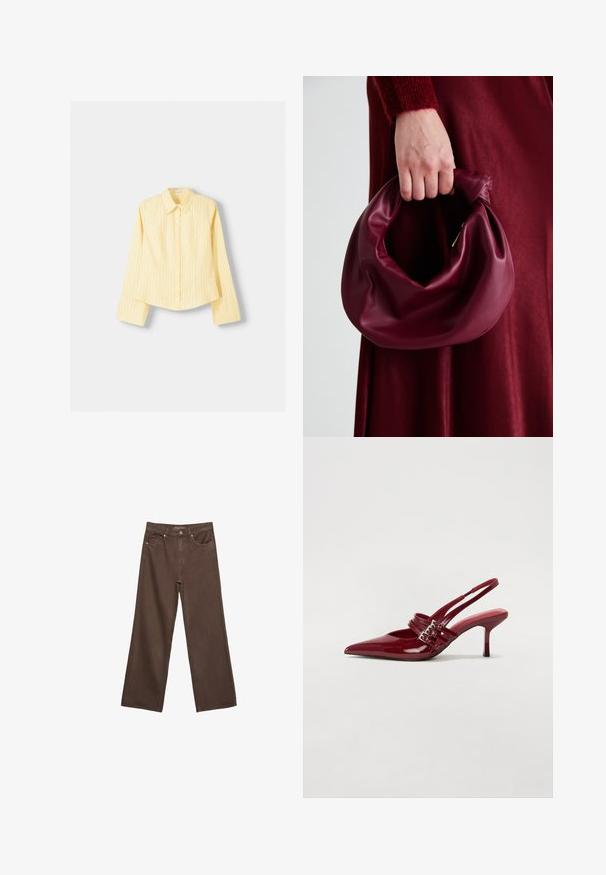 Camicia a righe gialle con maniche lunghe, colletto a punta e chiusura frontale con bottoni. Presenta righe verticali blu e una vestibilità sartoriale.; Jeans a gamba larga marroni in denim, con vita alta, tasche anteriori e chiusura a bottone classica. Tessuto liscio con cuciture sottili.; Décolleté slingback in vernice rossa con punta affusolata, due cinturini con fibbia e un sottile tacco a stiletto di media altezza. Texture liscia.; Borsa in pelle bordeaux con un design morbido e arricciato e una forma arrotondata. Il manico è fissato, mostrando una texture liscia.