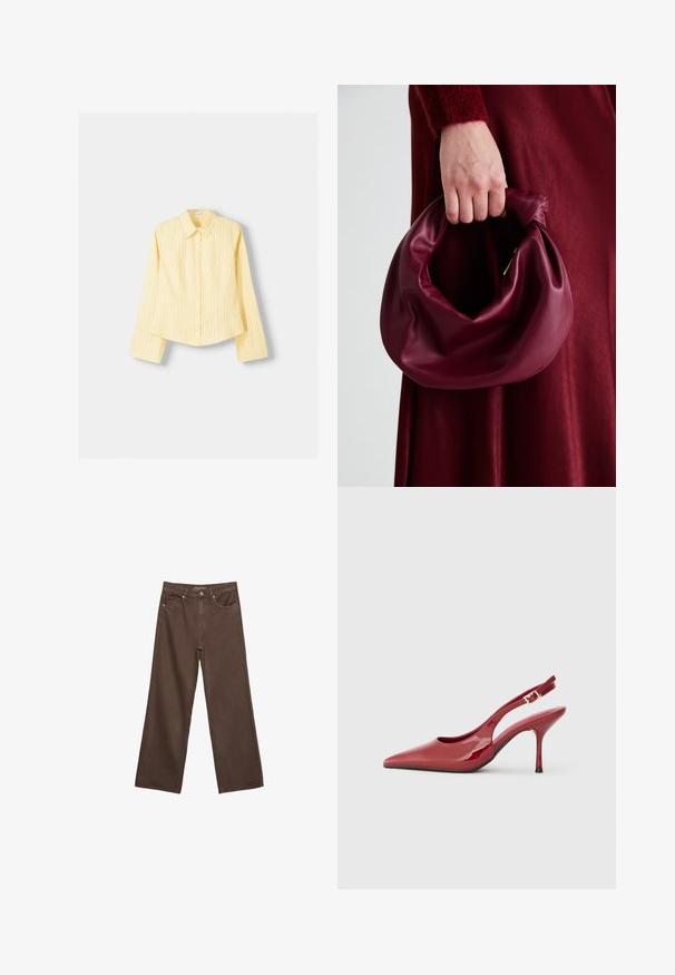 Camicia a righe gialle con maniche lunghe, colletto a punta e chiusura frontale con bottoni. Presenta righe verticali blu e una vestibilità sartoriale.; Jeans a gamba larga marroni in denim, con vita alta, tasche anteriori e chiusura a bottone classica. Tessuto liscio con cuciture sottili.; Scarpa con tacco slingback in pelle laccata rossa, con punta affusolata, tacco sottile e un piccolo dettaglio a taglio laterale. Texture liscia.; Borsa in pelle bordeaux con un design morbido e arricciato e una forma arrotondata. Il manico è fissato, mostrando una texture liscia.