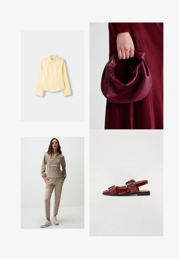 Geel gestreept overhemd met lange mouwen, puntige kraag en knoopsluiting aan de voorkant. Beschikt over verticale blauwe strepen en een getailleerde pasvorm.; Jimmy Key Trainingsbroek - beige; Bordeaux glanzend leren slingback-schoenen met een spitse neus, voorzien van twee verstelbare gespsluitingen en accenten van zilverhardware.; Bordeaux leren handtas met een zacht, gegathered ontwerp en een ronde vorm. De handgreep is stevig bevestigd en toont een gladde textuur.