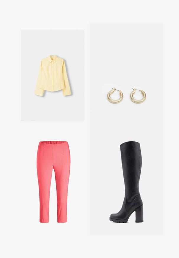 Geel gestreept overhemd met lange mouwen, puntige kraag en knoopsluiting aan de voorkant. Beschikt over verticale blauwe strepen en een getailleerde pasvorm.; Koraal kleurige capri-broek met een elastische tailleband, voorzien van twee voorzakken en een gladde, rekbare textuur.; Zwarte kniehoge laars, van glad leer, met een chunky hak, ronde neus, textuur op de zool voor grip, strak ontwerp zonder versieringen.; Lauren Ralph Lauren BASIC SMALL HOOP - Oorbellen - gold-coloured