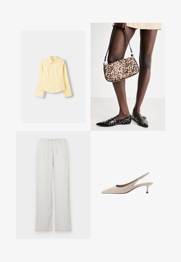 Yellow striped shirt with long sleeves, pointed collar, and front button closure. Features vertical blue stripes and a tailored fit.; Light grey wide-leg pants made of soft fabric, featuring an elastic waistband with a drawstring, and two side pockets.; Beige slingback heels with a pointed toe and a low, flared heel. Made from smooth leather with a minimalistic design and adjustable strap.; Leopard-print handbag with a black strap, featuring a rectangular shape and smooth texture. The bag is held alongside black studded flats.