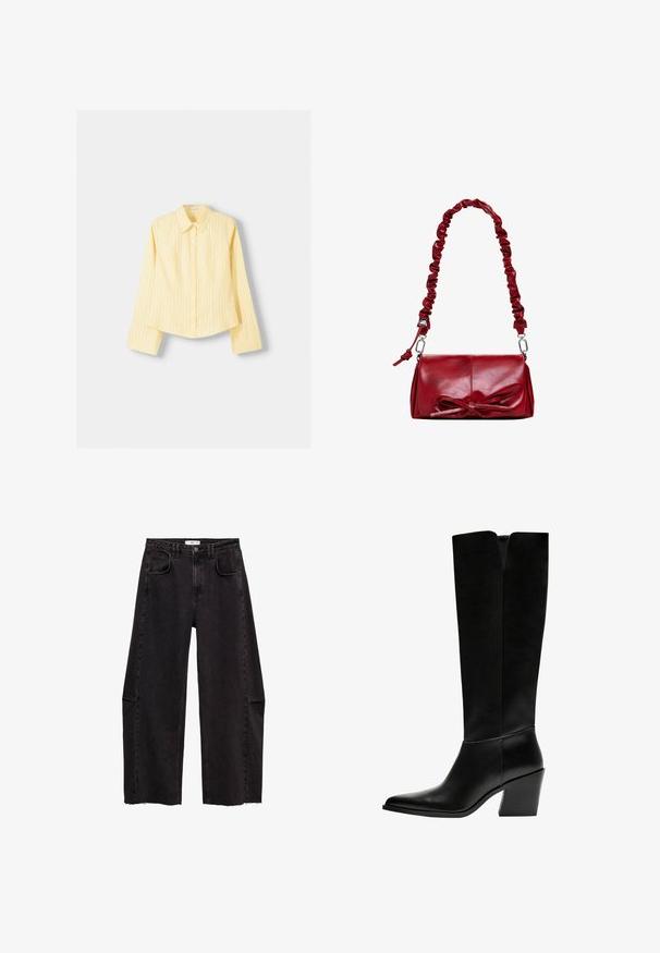 Gulrandig skjorta med långa ärmar, spetsig krage och knappstängning framtill. Har vertikala blå ränder och en skräddarsydd passform.; Svarta högmidjade vida jeans i denim, med rå fåll, diskreta framfickor och klassisk knappflykt.; Svarta knästövlar i släthet läder, med spetsig tå, blockklack och ett V-format urtag högst upp.; Röd läderhandväska med en samlad rem och en dekorativ rosett på framsidan. Slät textur, rektangulär form, silverdetaljer.