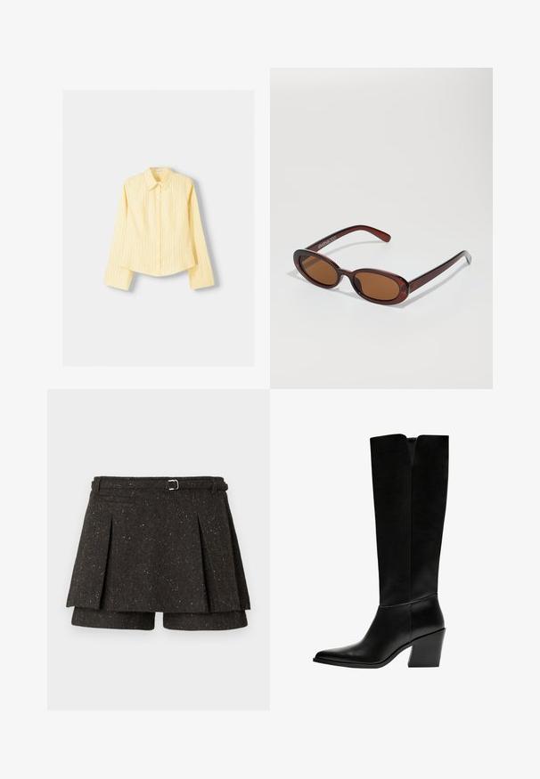 Yellow striped shirt with long sleeves, pointed collar, and front button closure. Features vertical blue stripes and a tailored fit.; Dark gray speckled wool blend skort with pleats, a side belt with metal buckle, and hidden shorts underneath.; Black knee-high boots made of smooth leather, featuring a pointed toe, a block heel, and a V-shaped cutout at the top.; Round, brown-tinted sunglasses with a glossy burgundy frame. Slim arms with subtle branding detail. Flat lens design.