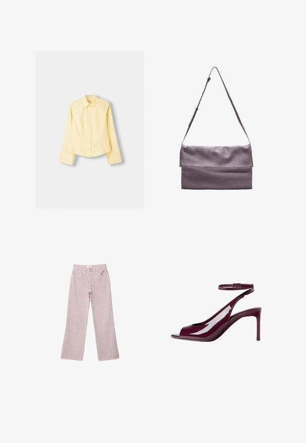 Camicia a righe gialle con maniche lunghe, colletto a punta e chiusura frontale con bottoni. Presenta righe verticali blu e una vestibilità sartoriale.; Jeans a gamba larga rosa chiaro in denim, con chiusura a zip, cinque tasche e dettagli di cucitura sottili.; Sandal alta in pelle verniciata color borgogna con punta scoperta, cinturino alla caviglia e silhouette slanciata. La finitura lucida ne esalta l'appeal visivo.; Borsa a tracolla in pelle grigia con pattina pieghevole, dotata di una tasca frontale con cerniera e una tracolla regolabile per maggiore comodità.
