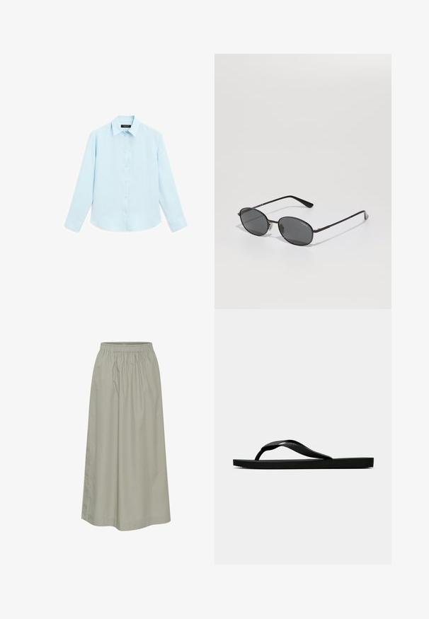 Hellblauses Langarmhemd mit weicher Textur, Knopfleiste und traditionellem Kragen. Verfügt über geknöpfte Manschetten und einen abgerundeten Saum.; Helles grünes, knielanges Rock aus weichem Stoff mit elastischem Bund, der ein gerafftes Design und dezente Nähdetails aufweist.; Schwarze Gummi-Flip-Flop-Sandale mit einem strukturierten Riemen und einfacher flacher Sohle, von der Seite auf einem schlichten hellen Hintergrund dargestellt.; Schwarze ovale Sonnenbrille mit dunklen Gläsern, dünnem Metallrahmen und geraden Bügeln. Verfügt über das Markenlogo auf dem inneren Bügel und Nasenpolster.; Schwarze Lederhandtasche mit strukturierter rechteckiger Form. Verfügt über einen goldenen ovalen Verschluss und einen dünnen Schulterriemen. Glatte Textur.