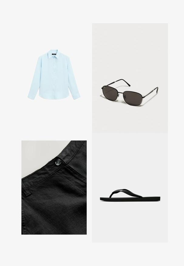 Light blue long-sleeve shirt with a soft texture, button front, and traditional collar. Features buttoned cuffs and a rounded hem.; Black linen trousers with a smooth texture, featuring a circular button and stitched details at the waistband and pockets.; Black rubber flip-flop sandal with a textured thong strap and simple flat sole, shown from side on a plain light background.; Black metal sunglasses with oval frames, dark lenses, slim temples, and a subtle logo on the left lens. Elegant, minimalistic design.; Black leather handbag with a structured rectangular shape. Features a golden oval clasp and a thin shoulder strap. Smooth texture.