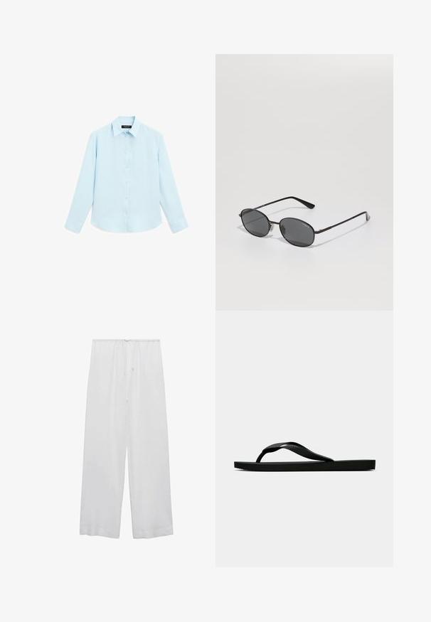 Lichtblauw overhemd met lange mouwen, toetsen met een zachte textuur, knoopsluiting aan de voorkant en een traditionele kraag. Voorzien van knoopsluitingen bij de manchetten en een afgeronde zoom.; Witte wijde broek van lichtgewicht stof, met een elastische tailleband en een trekkoord voor een verstelbare pasvorm.; Zwarte rubberen flip-flop sandaal met een getextureerde strap en een eenvoudige platte zool, zijaanzicht op een effen lichte achtergrond.; Zwarte ovale zonnebril met donkere lenzen, dunne metalen frame en rechte pootjes. Bevat een merkl logo op de binnenkant van de poot en neussteun.; Zwarte leren handtas met een gestructureerde rechthoekige vorm. Voorzien van een gouden ovale sluiting en een dunne schouderband. Glad van textuur.