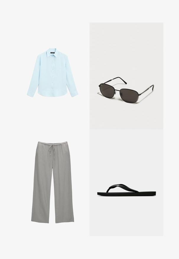 Hellblauses Langarmhemd mit weicher Textur, Knopfleiste und traditionellem Kragen. Verfügt über geknöpfte Manschetten und einen abgerundeten Saum.; Helle graue weite Hose aus weichem Stoff, mit einem elastischen Bund und Kordelzug sowie seitlichen Taschen.; Schwarze Gummi-Flip-Flop-Sandale mit einem strukturierten Riemen und einfacher flacher Sohle, von der Seite auf einem schlichten hellen Hintergrund dargestellt.; Schwarze Metal-Sonnenbrille mit ovalen Rahmen, dunklen Gläsern, schlanken Bügeln und einem dezenten Logo auf dem linken Glas. Elegantes, minimalistisches Design.; Schwarze Lederhandtasche mit strukturierter rechteckiger Form. Verfügt über einen goldenen ovalen Verschluss und einen dünnen Schulterriemen. Glatte Textur.