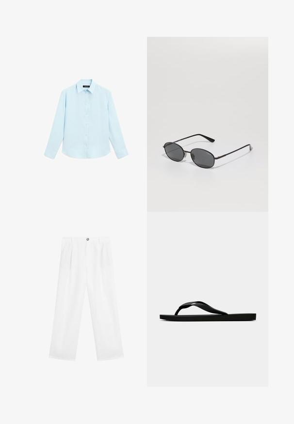 Camicia azzurro chiaro a maniche lunghe con una consistenza morbida, chiusura con bottoni e colletto tradizionale. Presenta polsini con bottone e un orlo arrotondato.; Pantaloni bianchi a gamba larga con un frontale piatto, dotati di chiusura a un bottone e due tasche laterali. Realizzati in tessuto leggero.; Infradito in gomma nera con cinturino testurizzato e suola piatta semplice, mostrati di lato su uno sfondo chiaro e uniforme.; Occhiali da sole neri a forma ovale con lenti scure, montatura in metallo sottile e tempie dritte. Presentano il logo del marchio sulla parte interna della stanghetta e i cuscinetti per il naso.; Borsa a tracolla in pelle nera con forma rettangolare strutturata. Presenta una chiusura ovale dorata e una sottile tracolla. Texture liscia.