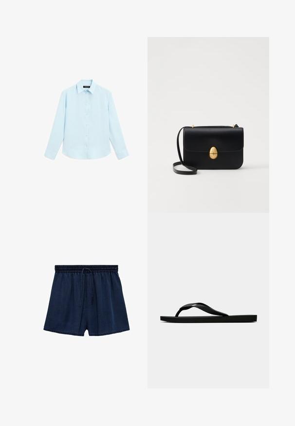 Lichtblauw overhemd met lange mouwen, toetsen met een zachte textuur, knoopsluiting aan de voorkant en een traditionele kraag. Voorzien van knoopsluitingen bij de manchetten en een afgeronde zoom.; Marineblauwe shorts van lichtgewicht stof, met een elastische tailleband en een trekkoord, en een ontspannen pasvorm. De zoom is lichtjes rafelig.; Zwarte rubberen flip-flop sandaal met een getextureerde strap en een eenvoudige platte zool, zijaanzicht op een effen lichte achtergrond.; Zwarte leren handtas met een gestructureerde rechthoekige vorm. Voorzien van een gouden ovale sluiting en een dunne schouderband. Glad van textuur.