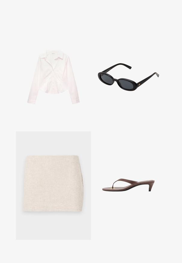 Biela košeľa s dlhým rukávom a gombíkmi s golierom a priliehavým pásom, vystavená rovno na bielom pozadí.; Béžová ľanová sukňa s minimalistickým dizajnom, ktorá má hladkú textúru a jemné tkávanie. Má rovný, jednoduchý strih bez viditeľných zapínaní.; Hnedá platformová žabková sandála s úzkym remienkom a zaobleným prstom, s malým zlatým akcentom na podrážke.; Čierne oversized slnečné okuliare s oválnymi šošovkami, hladkým plastovým rámom a zlatými akcentmi na straniciach. Tmavé šošovky poskytujú ochranu pred slnkom.; Ružová kabelka s pleteným horným uchom, striebornými kovaniami, prednou zipsovou vreckom a dlhými strapcami po stranách; textúrovaný syntetický kožený materiál.