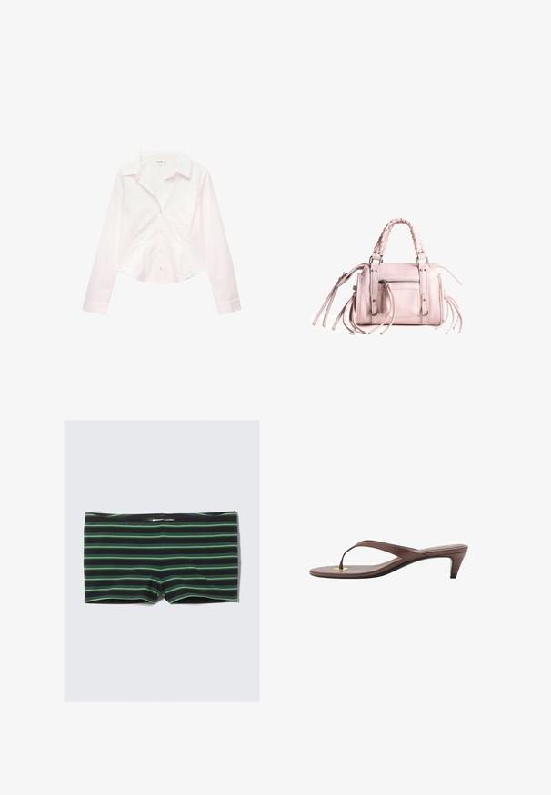 Biała, długosłodka koszula z długim rękawem, z kołnierzykiem i dopasowaną talią, wyeksponowana płasko na białym tle.; Czarne szorty kąpielowe w poziome zielone paski. Posiadają dopasowany krój i elastyczną talię. Wykonane z rozciągliwego, gładkiego materiału.; Brązowe sandały na obcasie w stylu klapek z wąskim paskiem i zaokrąglonym palcem, z małym złotym akcentem na wkładce.; Różowa torebka z plecionym uchwytem u góry, srebrnymi akcesoriami, przednią kieszenią na zamek oraz długimi frędzlami po bokach; wykonana z teksturowanej sztucznej skóry.
