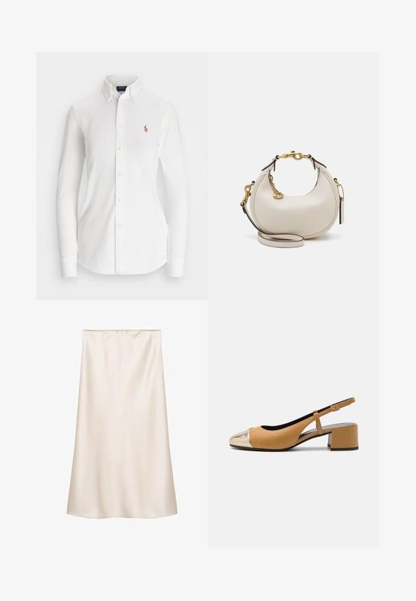 Biela košeľa s dlhými rukávmi a zapínaním na gombíky, s špicatým golierom, vyrobená z bavlny. Na ľavej strane hrude sa nachádza malé vyšívané logo.; Satinová midi sukňa v krémovo bielej farbe, rovný strih s elastickým pásom, hladká textúra a bez viditeľných vzorov alebo akcentov.; Hnedé kožené slingback lodičky s metalickým zlatým špičkovým dielom, so blokovým podpätkom a tenkým nastaviteľným popruhom. Hladká textura s minimálnymi detailmi.; Krémy kožená kabelka v polmesiacom tvare, so zlatou hardvérou, čiernymi akcentmi a odnímateľným popruhom. Obsahuje reťazový detail a tag.