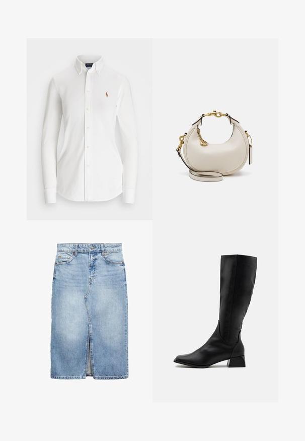 Biela košeľa s dlhými rukávmi a zapínaním na gombíky, s špicatým golierom, vyrobená z bavlny. Na ľavej strane hrude sa nachádza malé vyšívané logo.; Džínsová sukňa vo svetlom modrom odtieni, po kolená s predným rozparačom. Má päť pútok na opasok, dve predné vrecká a kovový gombík na zapínanie.; Čierne kožené čižmy po kolená, vyrobené z hladkej kože, so zaoblenou špičkou, skromným podpätkom a elegantným, priliehavým dizajnom bez ozdôb.; Krémy kožená kabelka v polmesiacom tvare, so zlatou hardvérou, čiernymi akcentmi a odnímateľným popruhom. Obsahuje reťazový detail a tag.