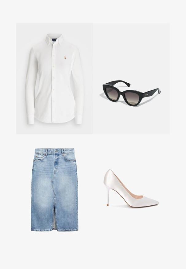 Bela srajca z dolgimi rokavi in gumbi, z ostrimi ovratniki, iz bombaža. Ima majhen izvezen logotip na levem prsnem delu.; Jeanskrilo v svetlo modri barvi, do kolen, z odprtino spredaj. Ima pet pasnih zanke, dva sprednja žepa in kovinsko gumbno zapiranje.; Špicasti škorenj v satenski beli barvi, ki odlikuje eleganten silhuet in sijajni beli stiletto pet.; Črne mačje sončna očala z bleščečo površino, gradientnimi lečami, širokimi okvirji in vgraviranim logotipom "MaxMara" na strani.; Krema usnjena torbica v obliki polm curate, z zlatimi dodatki, črnimi detajli in odstranljivim trakom. Ima verižni detajl in oznako.