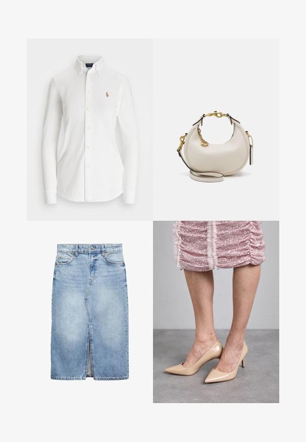 Camicia bianca a maniche lunghe con colletto a punta, realizzata in cotone. Presenta un piccolo logo ricamato sul petto sinistro.; Gonna di jeans blu chiaro, lunghezza al ginocchio con fessura frontale. Presenta cinque passanti per cintura, due tasche anteriori e chiusura con bottone metallico.; Tacchi alti in pelle lucida beige con punta affusolata e tacco sottile. Texture liscia con un design elegante. Indossati con un vestito rosa con paillettes.; Borsa a mano in pelle crema a forma di mezzaluna, con accessori in oro, dettagli neri e una tracolla rimovibile. Presenta una dettagli in catena e un'etichetta.