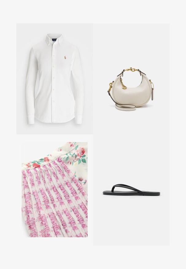 Witte overhemd met lange mouwen en een puntkraag, gemaakt van katoen. Voorzien van een klein geborduurd logo op de linkerborst.; Bloemenjurk met een witte achtergrond en roze en groene bloemenpatronen, geplooid ontwerp en een gladde stofstructuur.; Zwarte flip-flop met een minimalistisch ontwerp, een platte zool, smalle banden en een gladde textuur. Geen extra patronen of accenten.; Crème leren handtas met een halve maan vorm, gouden hardware, zwarte accenten en een afneembare schouderband. Heeft een kettingdetail en label.