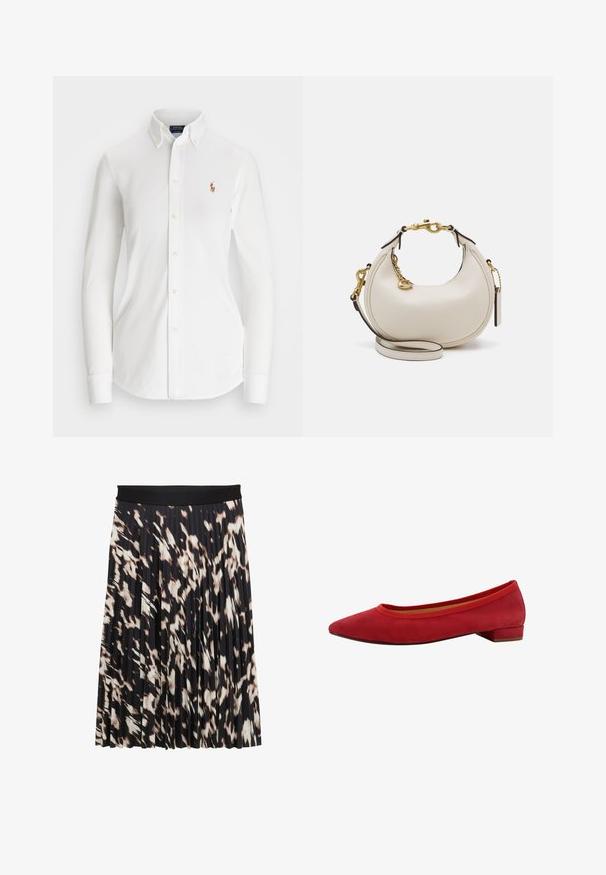 Witte overhemd met lange mouwen en een puntkraag, gemaakt van katoen. Voorzien van een klein geborduurd logo op de linkerborst.; Geplooide rok met een brede zwarte tailleband; bedrukt in tinten zwart, crème en bruin; gladde textuur met een vloeiend ontwerp.; Rode suède ballerina's met een puntige neus, lage blokhak en elastisch randje rond de opening voor een perfecte pasvorm.; Crème leren handtas met een halve maan vorm, gouden hardware, zwarte accenten en een afneembare schouderband. Heeft een kettingdetail en label.
