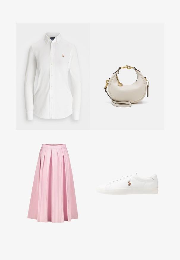 Fehér, hosszú ujjas, gombos ing, hegyes gallérral, pamutból készült. Bal mellen egy kis hímzett logó található.; Rózsaszín rakott midi szoknya laza sziluettel, könnyű anyagból készült, derékpánttal és rejtett cipzárral a hátsó részen.; Fehér bőr sportcipők, alacsony fazonban, sima textúrával, kerek orral, fűzős előlappal és egy kis hímezett logóval az oldalon.; Krém bőr kézitáska hónalj formájú, arany hardware-rel, fekete kiegészítőkkel és levehető pánttal. Lánc részlet és címke jellemzi.